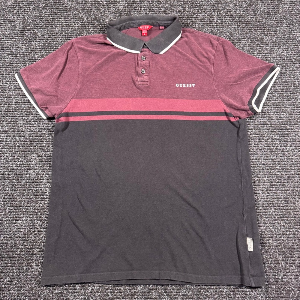 Guess Los Angeles Mens XL Polo Shirt Burgundy Black Striped Colorblock Pique